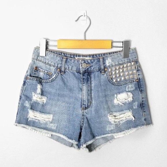 Garage Pants - GARAGE Distressed Medium Wash Denim Studded Shorts